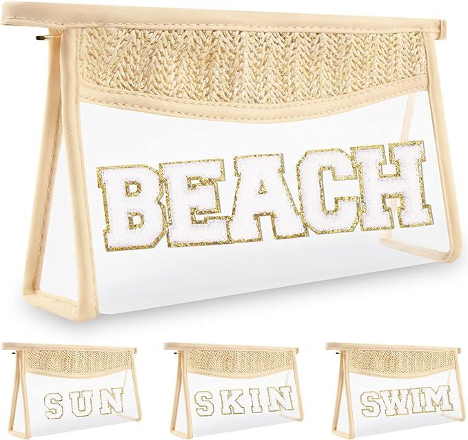 Clear Makeup Letter Patch Makeup Bag BEACH Pouch, Boho Clear Toiletry Bags Travel Small Cute Stad... | Amazon (US)