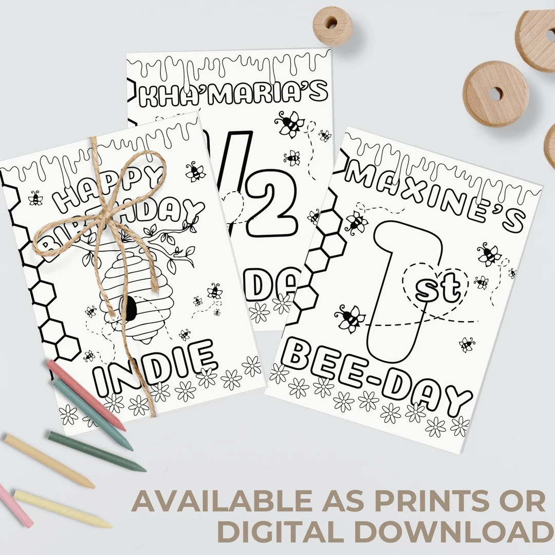 Bee 1 Coloring Page Bee Theme Birthday Coloring Sheet Personalized Bumble Bee Coloring Page Beehi... | Etsy (US)