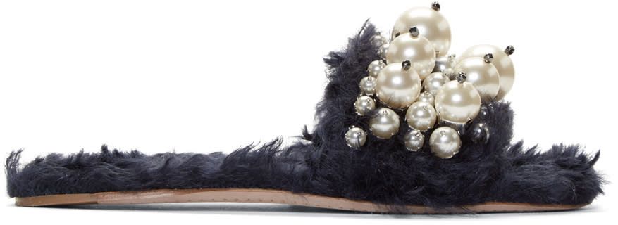Miu Miu Navy Eco Fur Pearl Slide Sandals | SSENSE