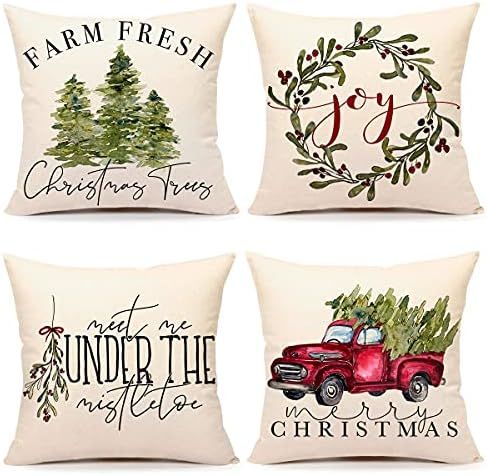 4TH Emotion Rustic Christmas Pillow Covers 18x18 Set of 4 Farmhouse Christmas Decorations Joy Wre... | Amazon (US)