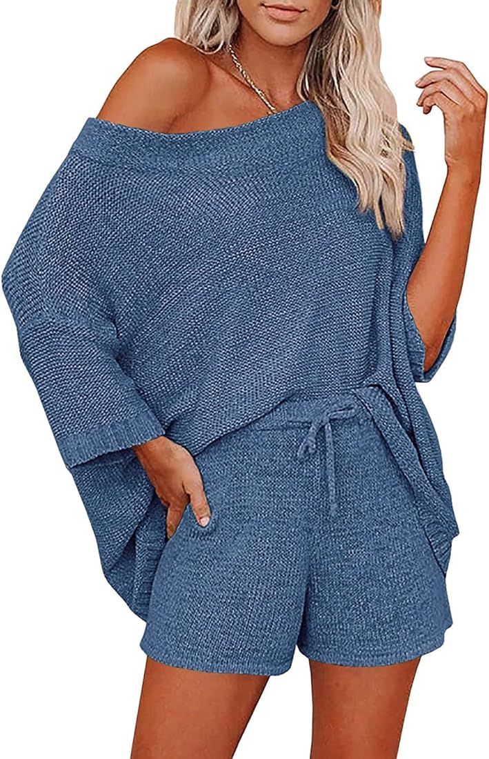 Ekouaer Women 2 Piece Outfits Sets Off Shoulder Knit Pajama Set 3/4 Sleeve Tops Drawstring Waist ... | Amazon (US)