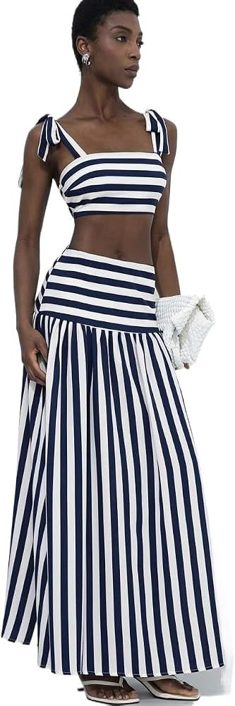 womens two piece skirt set Sexy Colorblock Stripe Tube Top With Strap And High-Low Skirt 2 Pieces... | Amazon (US)