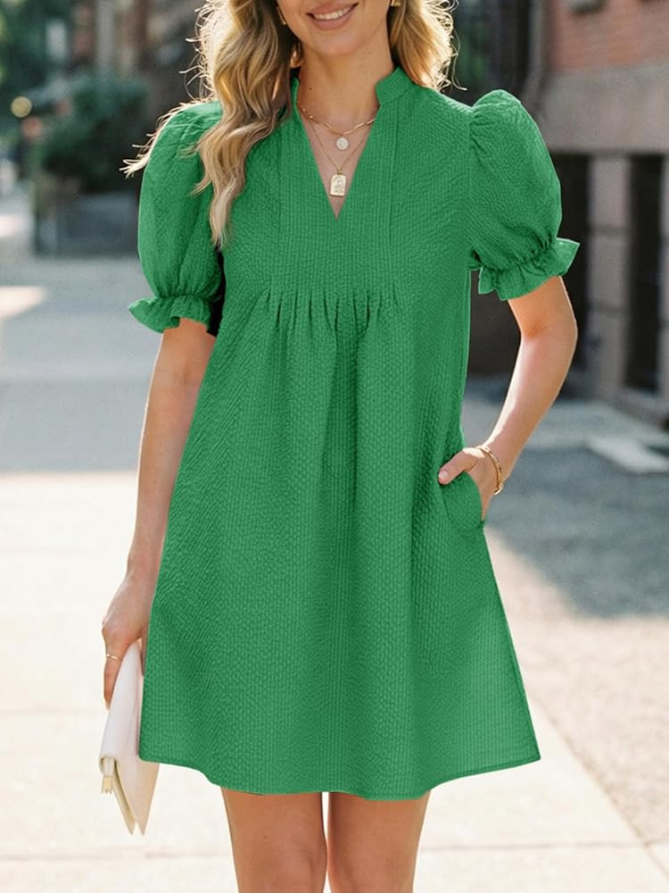 Wenrine Womens Summer Puff Short Sleeve Mini Dress Textured V Neck Casual Loose Ruffle Babydoll D... | Amazon (US)