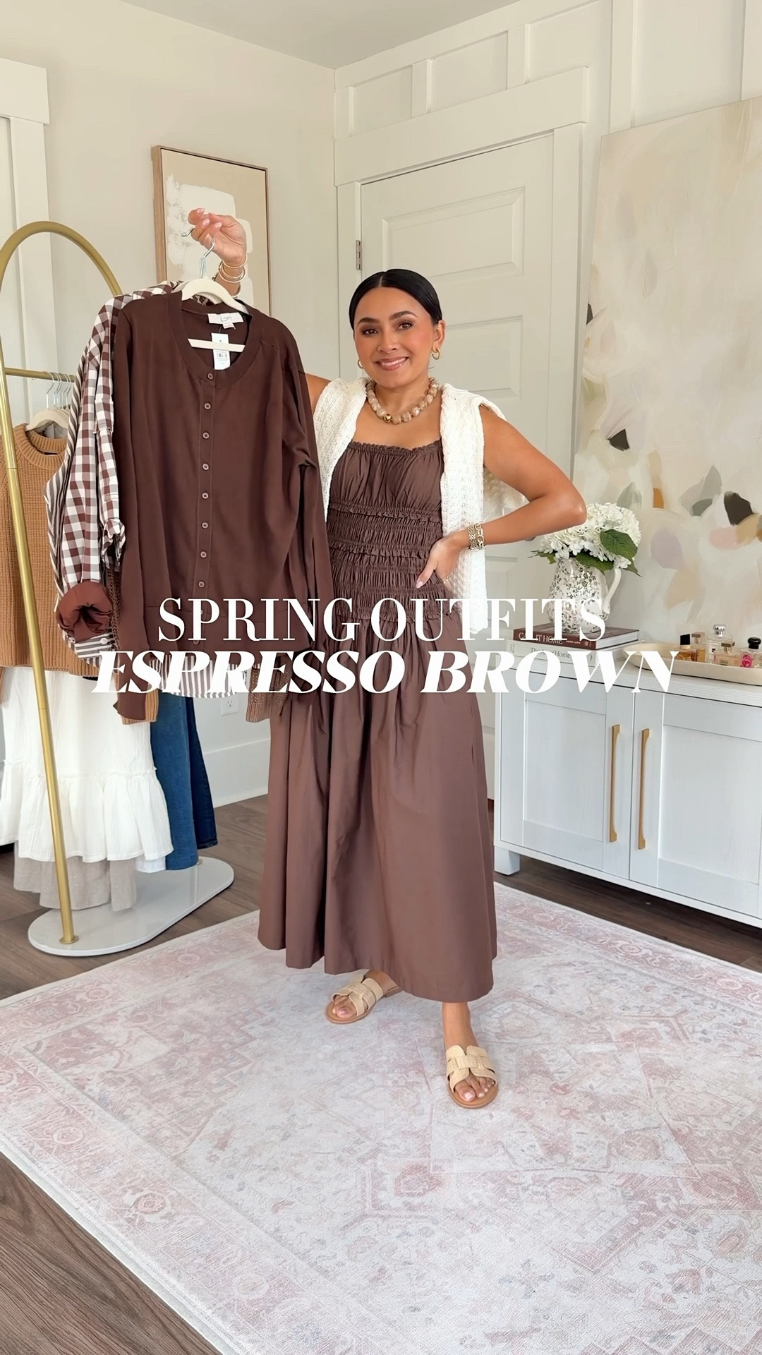 Espresso Brown Chocolate Outfits
For reference: I’m 5’0, petite, 32b bra size, and 2/26 in bottoms, pear shaped. 
*Everything I share is unaltered! TTS means true to size. Between size 5-6.5 in shoes

Brown chestnut maxi dress size xs petite TTS
Cream cardigan size xs TTS
Tan sandals size 5 TTS

Brown chocolate bark cardigan size xs TTS
Olive green linen wide leg pants size xs 28” TTS
Gold sandals size 5 TTS


Brown gingham dress size xs TTS
Clear heels size 5 TTS

Brown baked pecan button downs size xxs petite - sized down a size since this is a flowy fit
Brown java chip pants size 2 petite TTS
Dark brown platform mary jane shoes size 5.5 TTS

Brown gingham jacket size xs TTS
White tank size xs petite TTS
White jeans size 2 petite TTS
Brown sandal size 5.5 TTS

Brown cocoa bliss sweater size xs petite TTS
Brown stripe cocoa bliss pants size xs 2 petite TTS
Mesh loafers size 5 TTS 


Spring outfits
Work outfits
Resort wear
Spring dresses
Easter dress women
Date night outfits


#LTKSaleAlert #LTKPetite #LTKgrwm