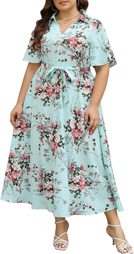 Keluummi Plus Size Wedding Guest Maxi Dresses for Curvy Women, Summer Casual Floral 3/4 Sleeve Pa... | Amazon (US)