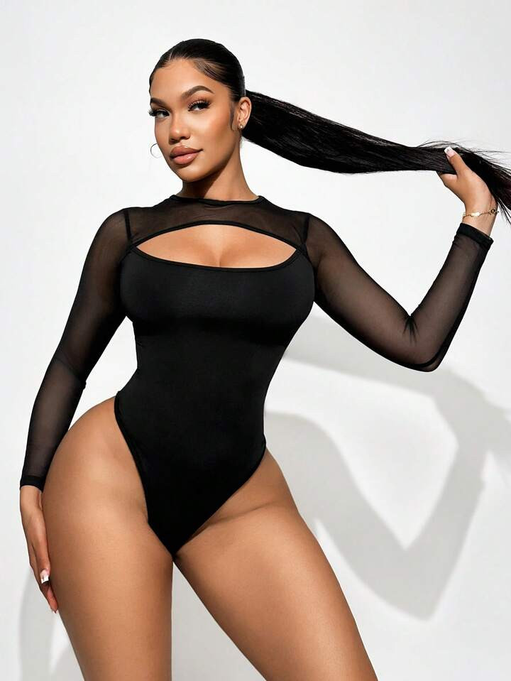 BamGleam Mesh Yoke Hollow Out Front Long Sleeve Bodysuit Fall Cloth For Women | SHEIN