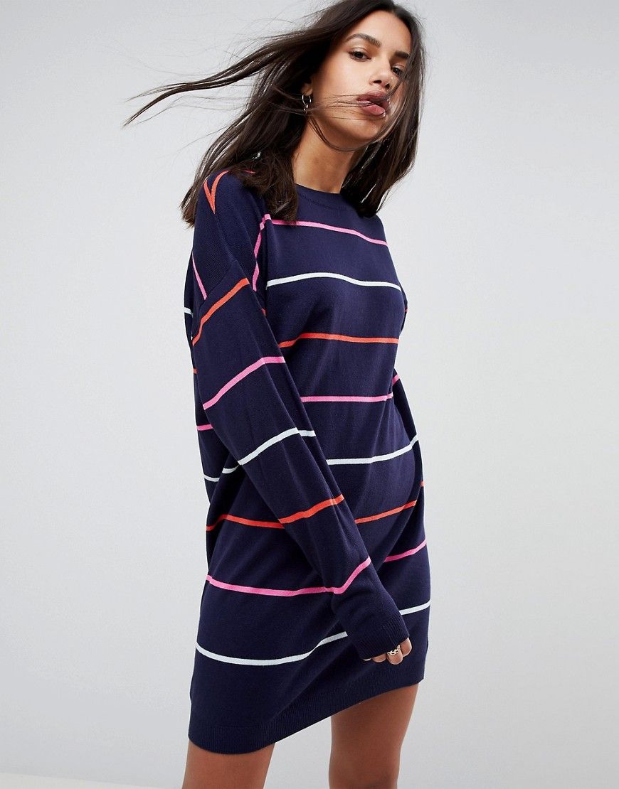 ASOS Knitted Oversized Crew Neck Dress In Bright stripe - Multi | ASOS UK
