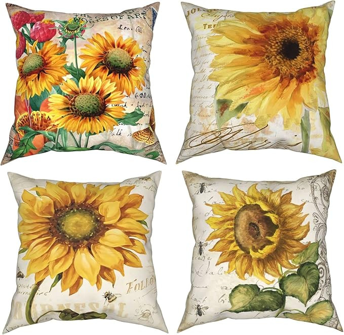 My Moreyea Flower Sunflower Throw Pillow Covers 18x18 Set of 4 Yellow Rustic Floral Decorative Cu... | Amazon (US)