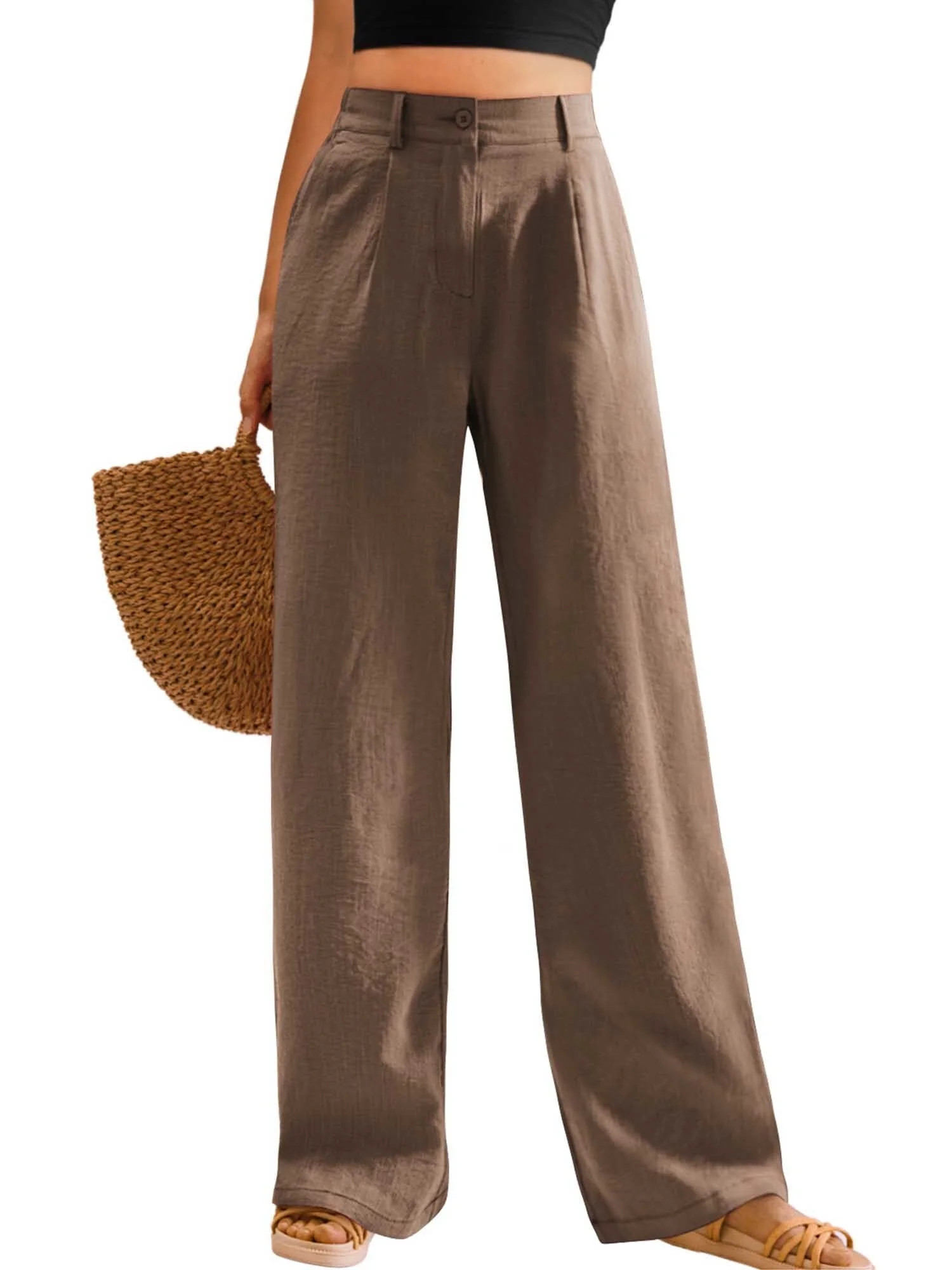 Womens Casual Wide Leg Pants High Waisted Button Down Straight Long Trousers Palazzo Pants | Walmart (US)