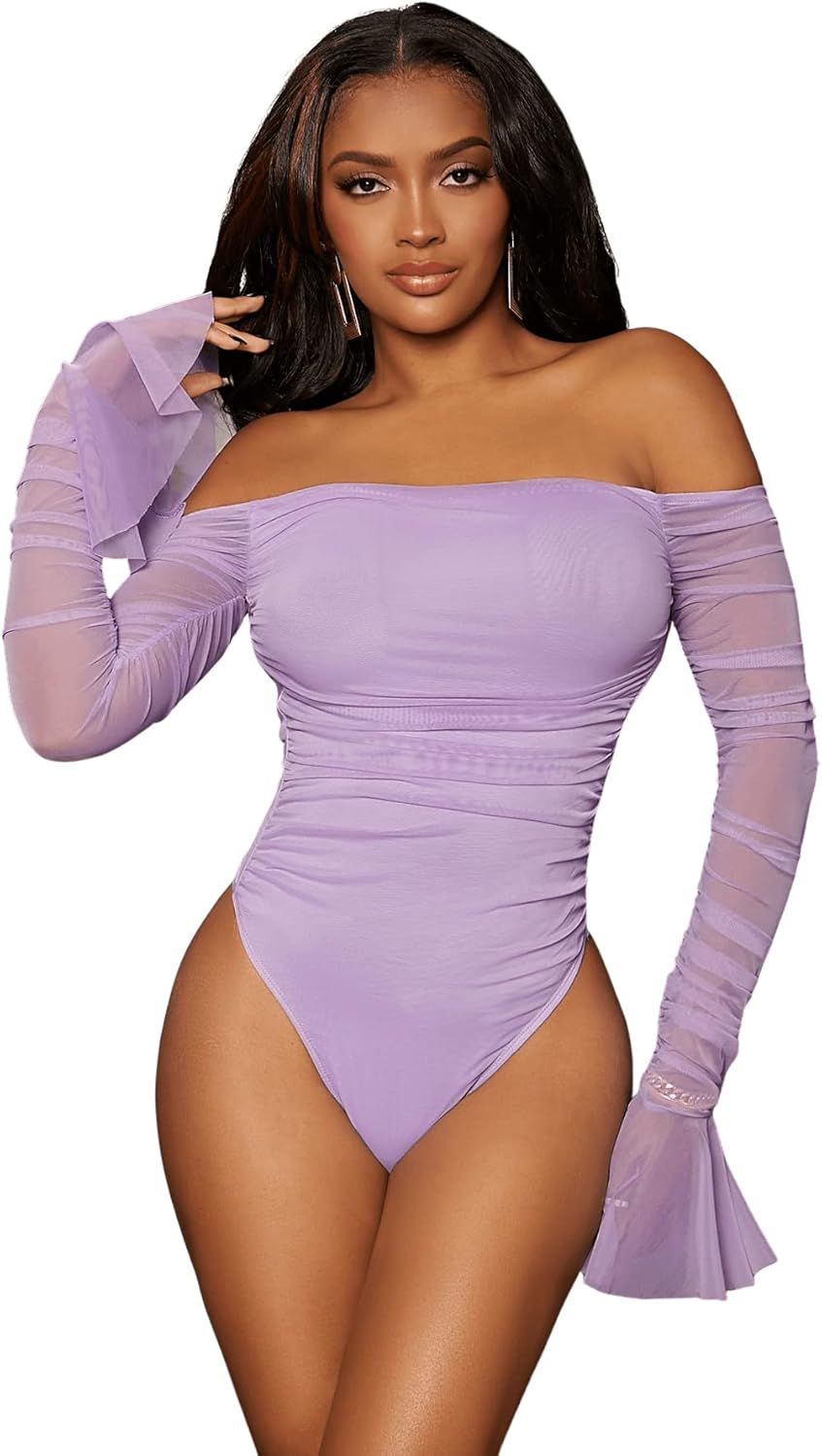 Verdusa Women's Ruched Mesh Off Shoulder Long Sleeve Skinny Tee Bodysuit Top | Amazon (US)