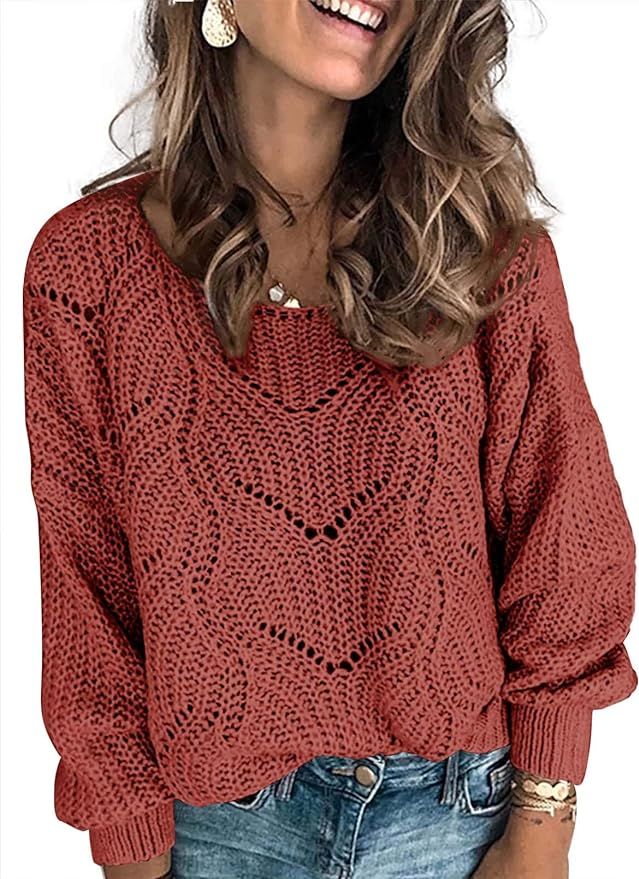Dokotoo Womens 2022 Cute Elegant Soft Crewneck Long Sleeve Hollow Cable Knit Pullover Sweaters | Amazon (US)
