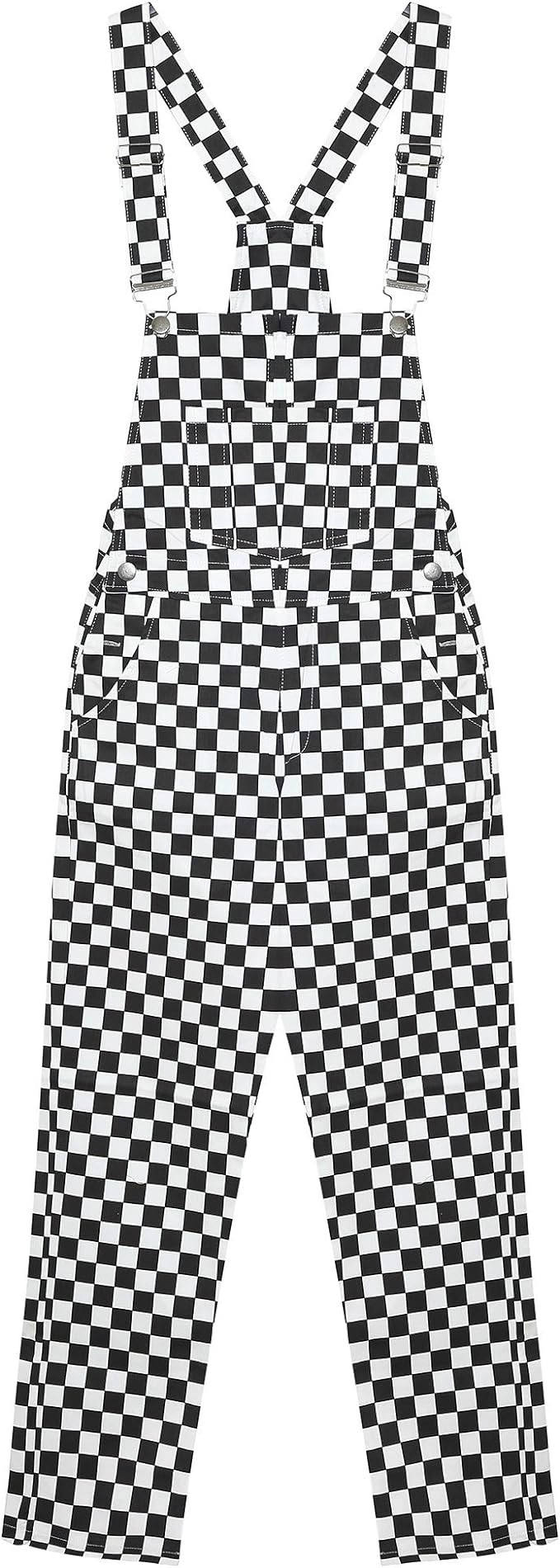Women's Classic Checkerboard Bib Overalls - Black & White Plaid | Amazon (US)