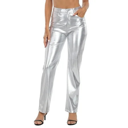HDE Women s Metallic Faux Leather Pants High Waisted Trousers Silver 10 | Walmart (US)