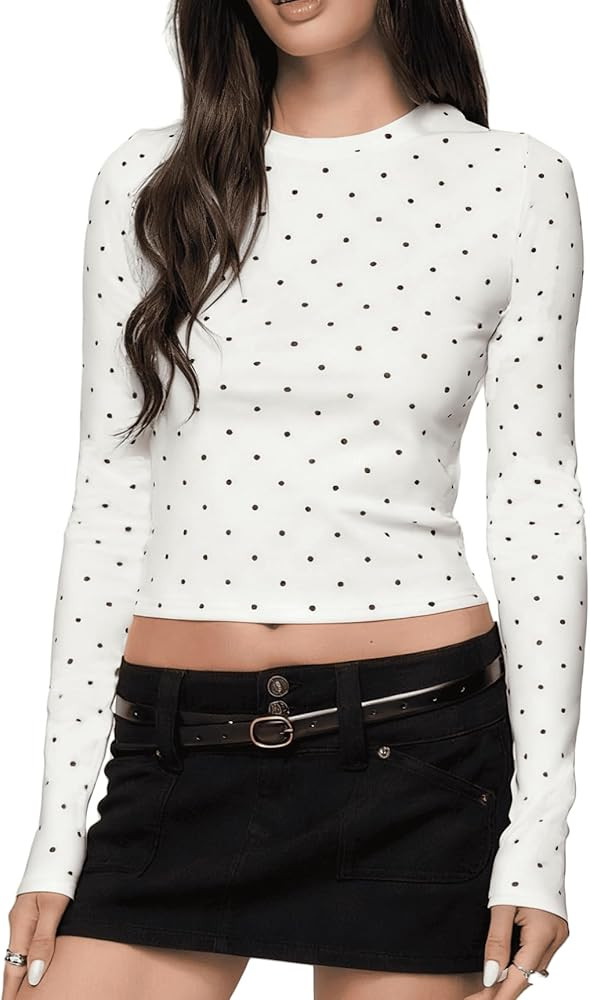Seyumixi Polka Dot Tops for Women Y2K Long Sleeve Crop Top Vintage Cute Slim Fit Crew Neck Shirt ... | Amazon (US)