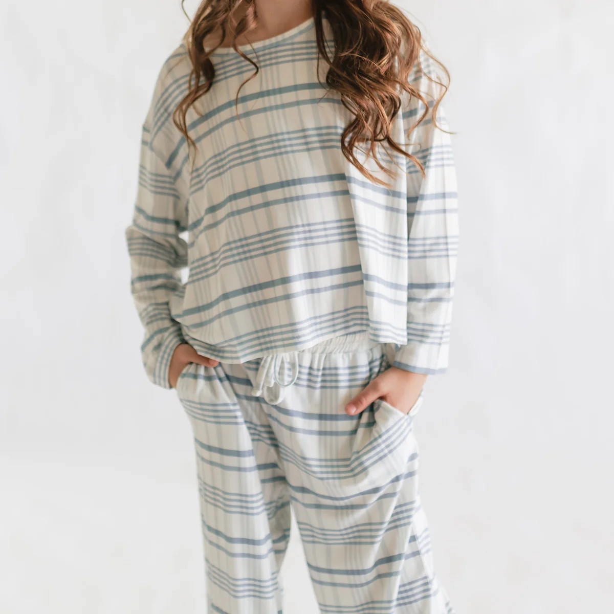 Girl's Long Sleeve and Pants Set in Blue Plaid | Silks Design