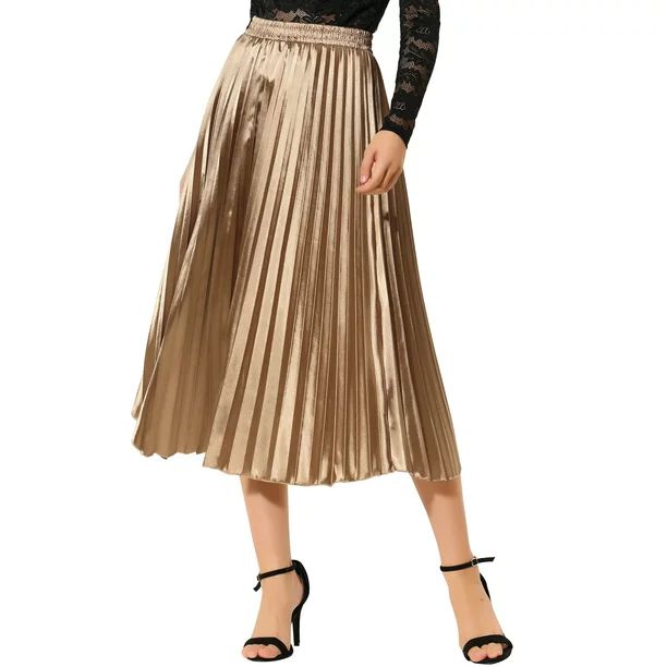 Allegra K Women's Elastic Waist Metallic Shiny Accordion Pleated Midi Skirt | Walmart (US)