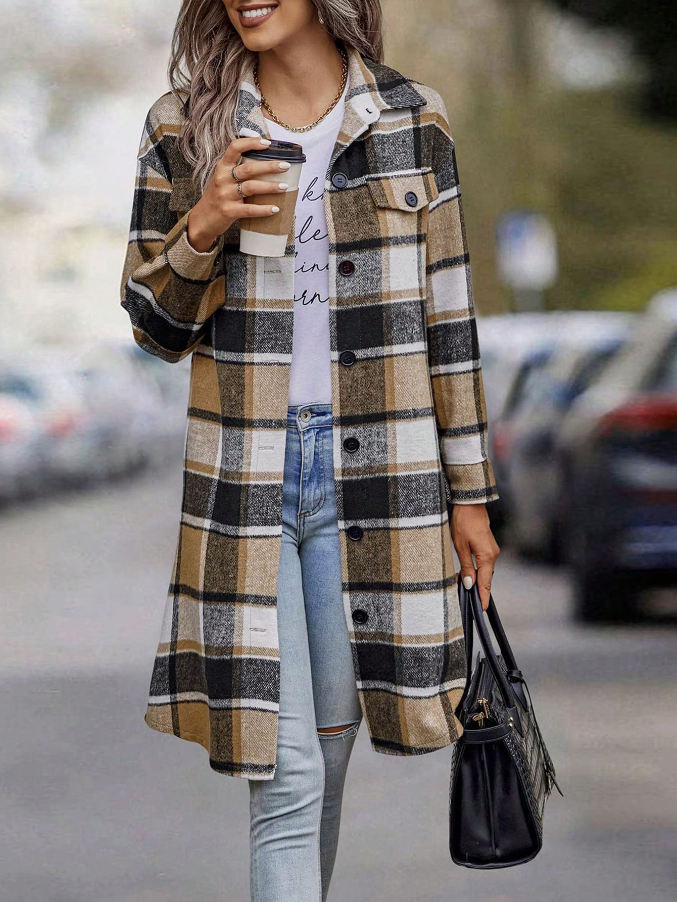 Women's Plaid Shacket Long Sleeve Button Up Flannel Shirt Winter Tartan Jacket Woolen Coats | SHEIN