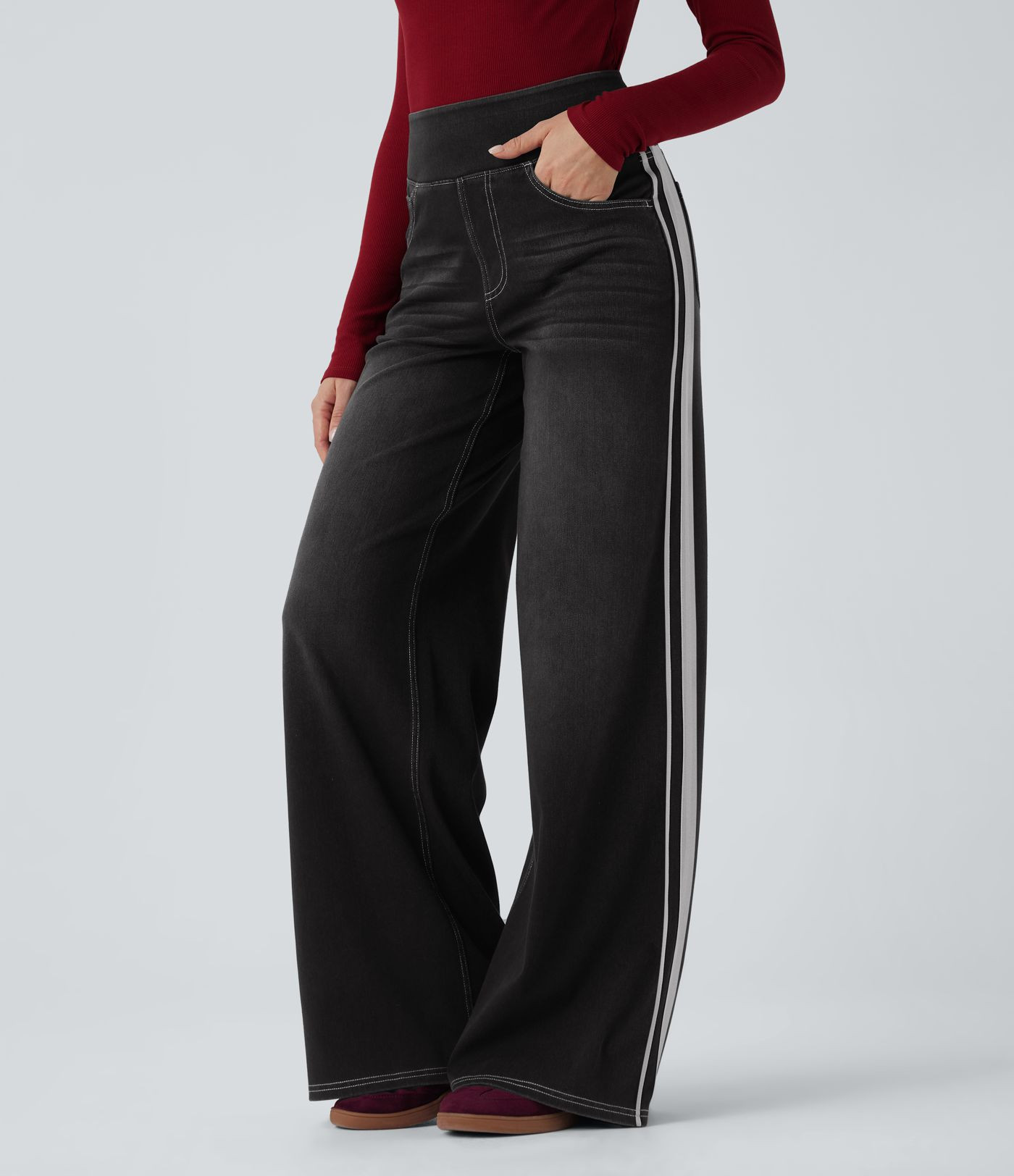 Women’s Halara Flex™ High Waisted Stripe Wide Leg Flowy Washed Casual Jeans with Pockets - Ha... | HALARA