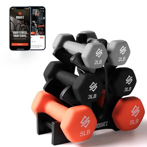 SQUATZ Dumbbell Weights Set with Stand, 20bs Neoprene Coated Weights, Hex Shape Anti Slip and Roll Dumbbells for Exercise, Training, Fitness, Yoga, 3 pairs( 3,5, 8Lbs Each) | Amazon (US)