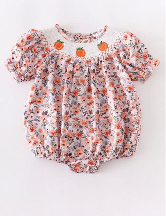 Orange Floral Pumpkin Smocked Bubble Romper  Orange Autumn - Etsy | Etsy (US)