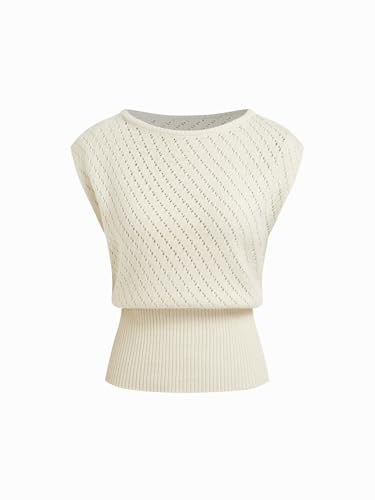CIDER Summer Short Sleeve Sweater Vest for Women Boat Neck Ribbed Knit Cap Sleeve Cut Out Tops Going Out Trendy Tee Ivory | Amazon (US)