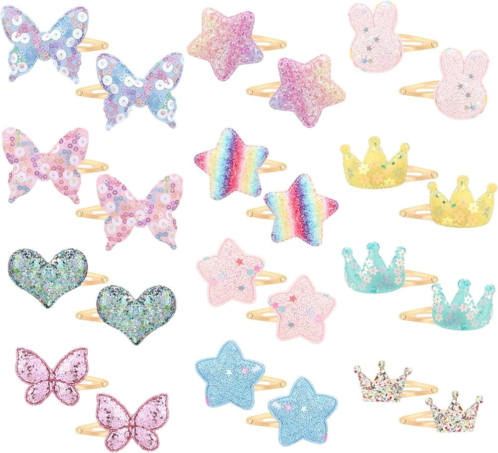 obeoby 24 Pack Toddler Hair Clips for Girls, Star Crown Butterfly Shaped Glitter Hair Barrettes M... | Amazon (US)