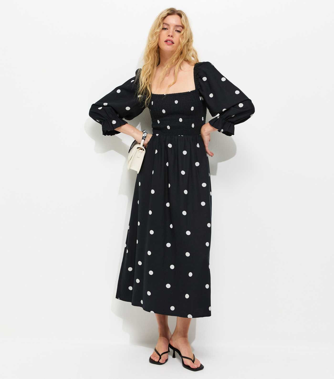 Black Polka Dot Shirred Cropped Sleeve Midi Dress | New Look | New Look (UK)