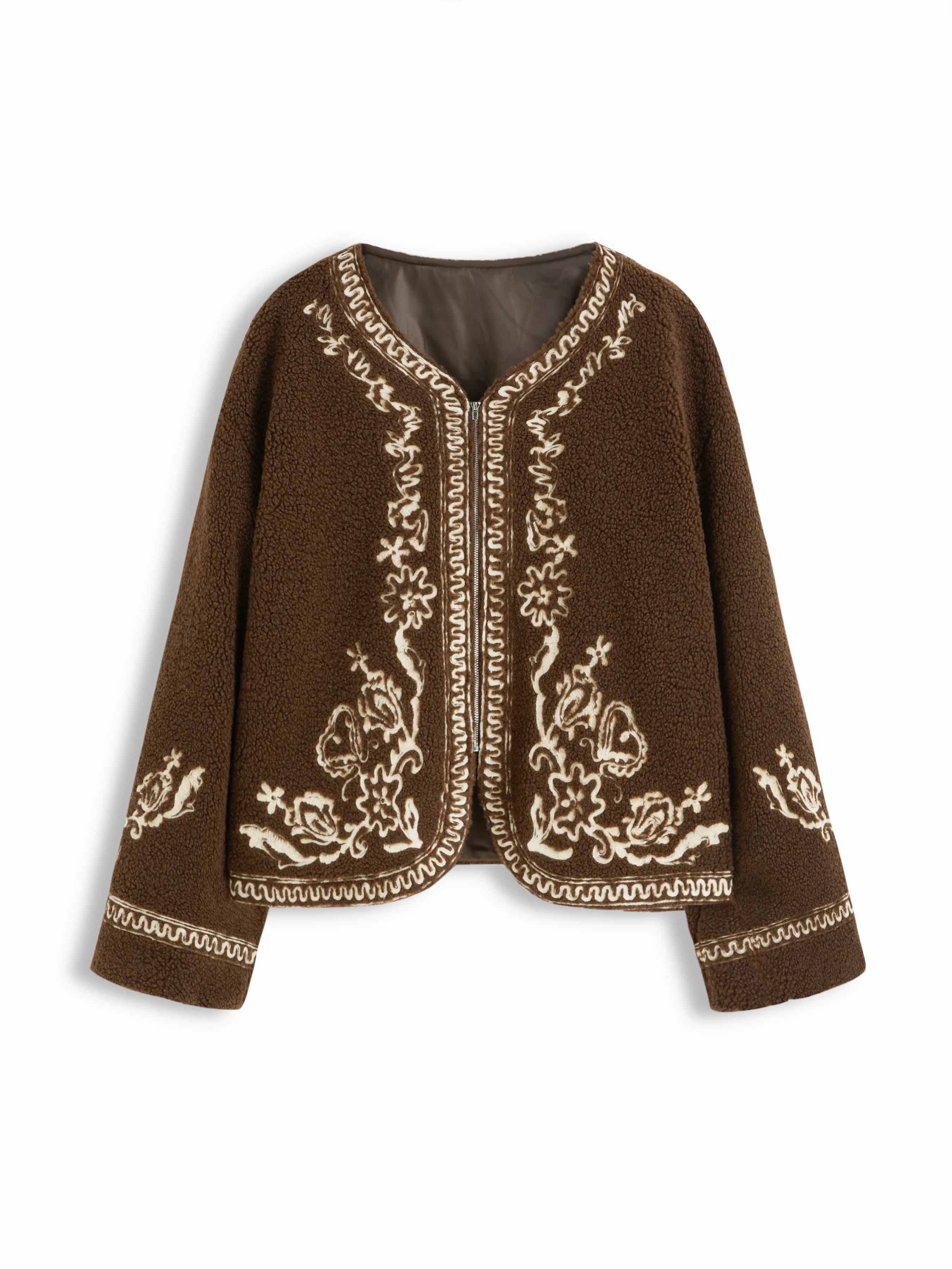 Fleece Floral Embroidery Zip Through Oversized Jacket | Cider