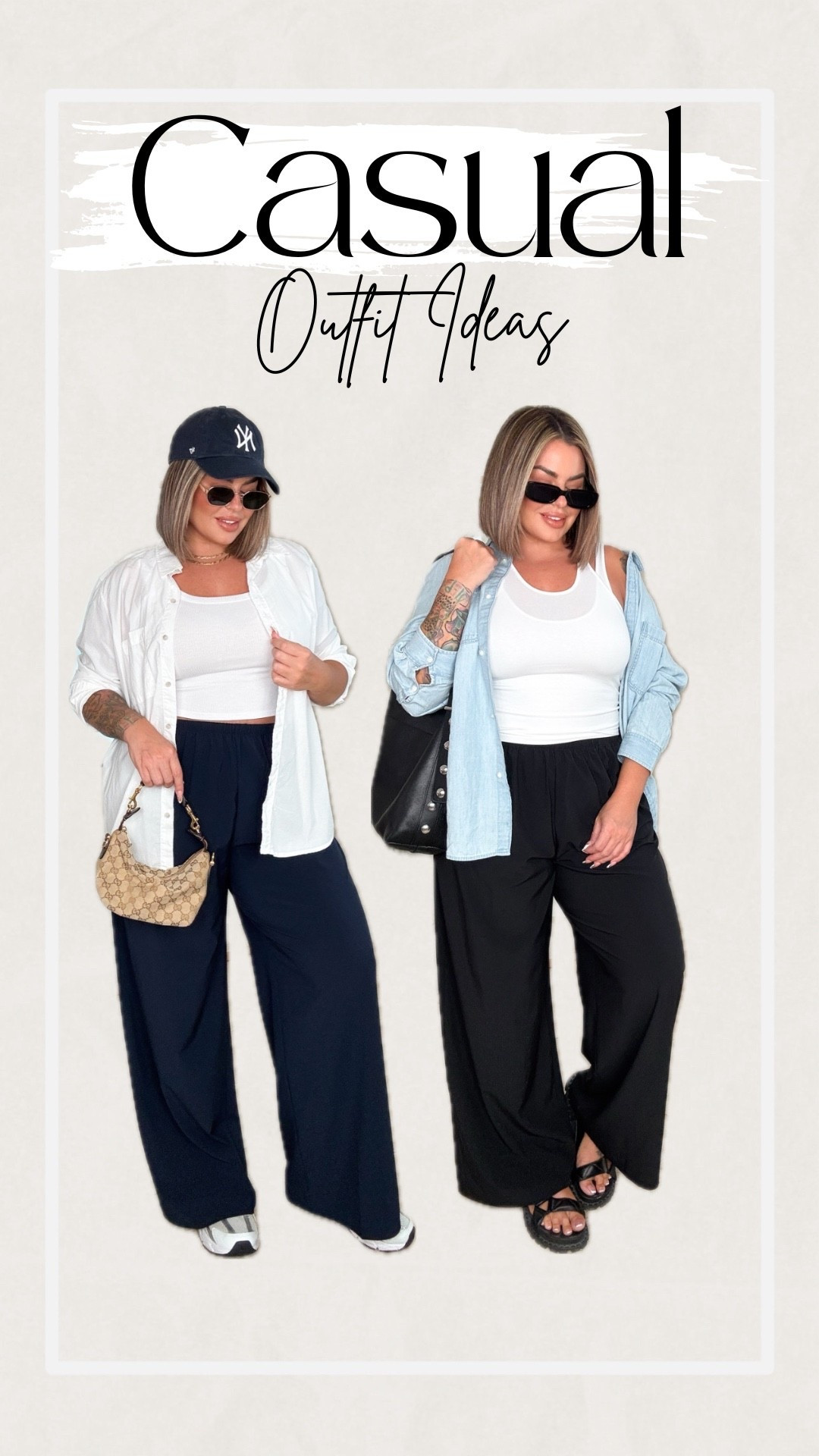 Tank on the left L 
Tank on the right M 
White button up xl 
Denim shirt M it’s oversized 
Pants L reg length they are a Fri fit material super lightweight and breathable
Linked similar sandals