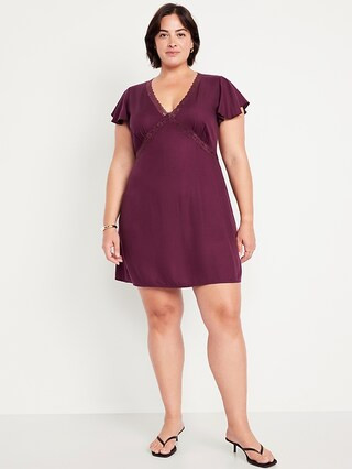 Fit & Flare Crepe Lace-Trim Mini Dress | Old Navy (US)