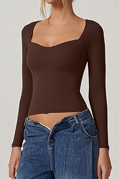 QINSEN Womens Slimming Fit Sweetheart Neck Long Sleeve Basic Crop Tops Stretch Going Out Tee Shir... | Amazon (US)