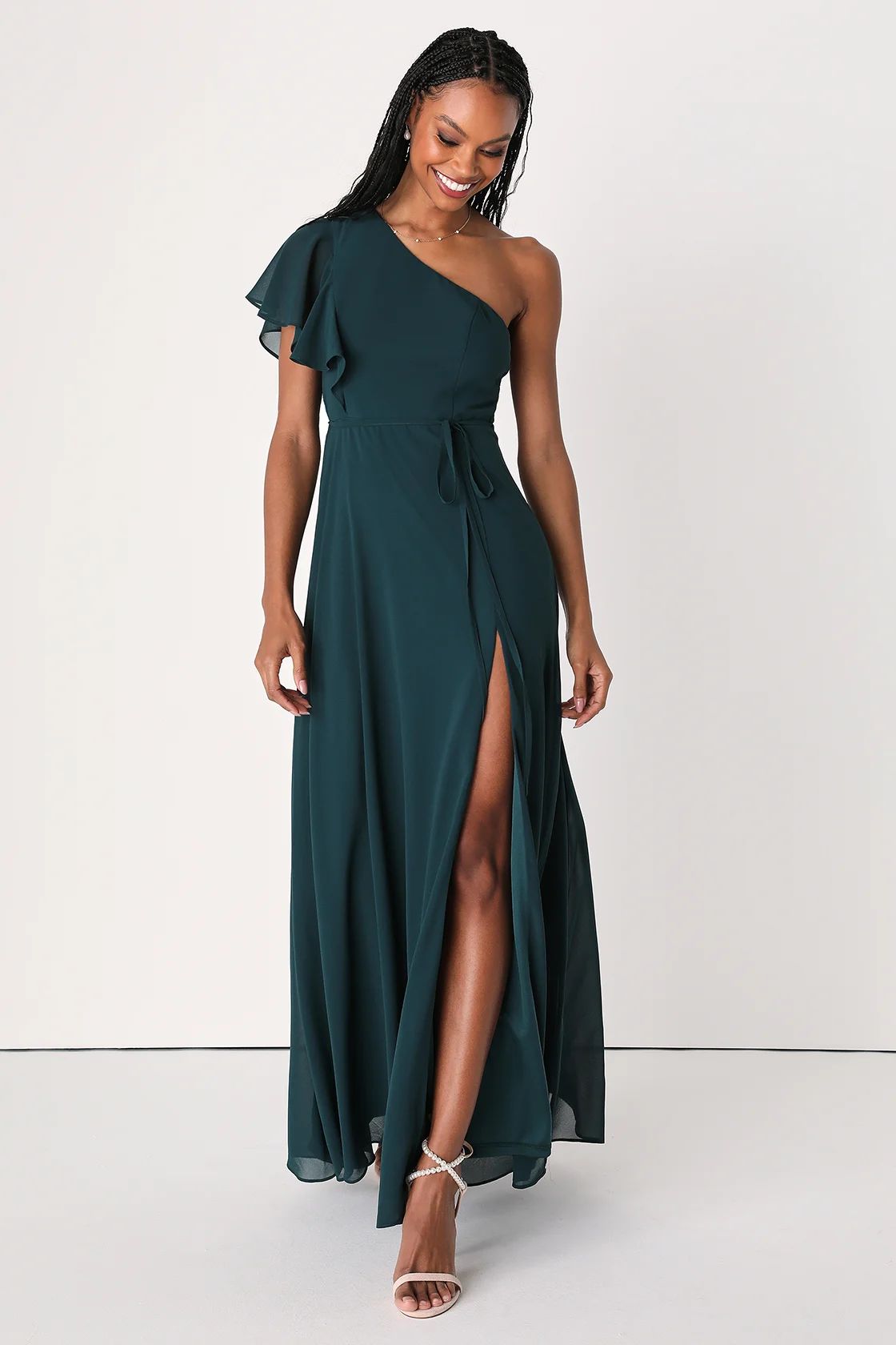 Radiant Bliss Dark Green One-Shoulder Flutter Sleeve Maxi Dress | Lulus (US)