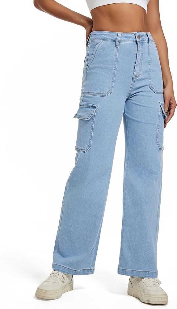 Women Cargo Jeans High Waist Y2K Straight Leg Trendy Stretchy Lightweight Jeans for Women | Amazon (US)