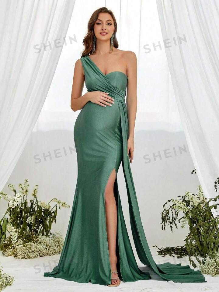 Maternity Side Split One Shoulder Drape Detail Formal Dress | SHEIN