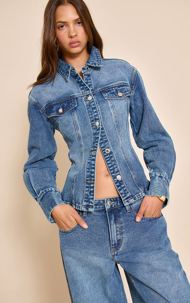 Mid Blue Wash Long Sleeve Cinch Waist Denim Jacket | PrettyLittleThing US