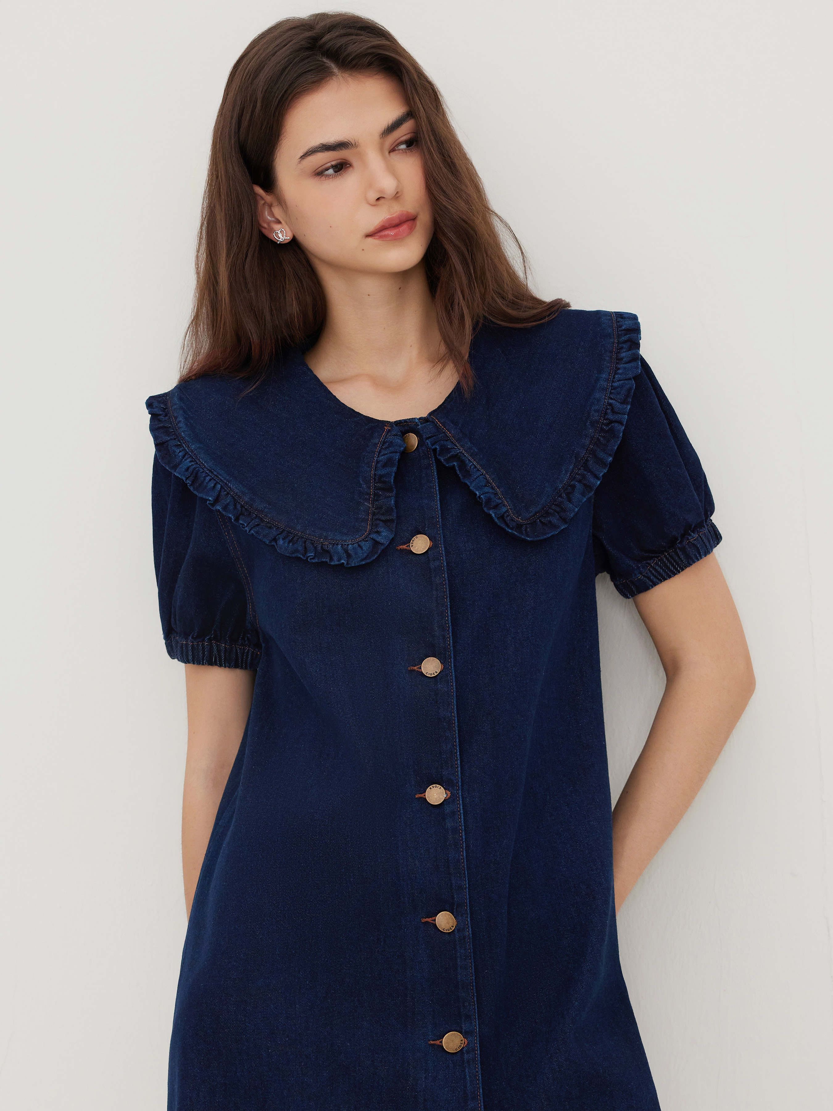 denim denim dress denim shirt dress Denim Denim Peter Pan Collar Button Through Smock Puff Sleeve... | Cider