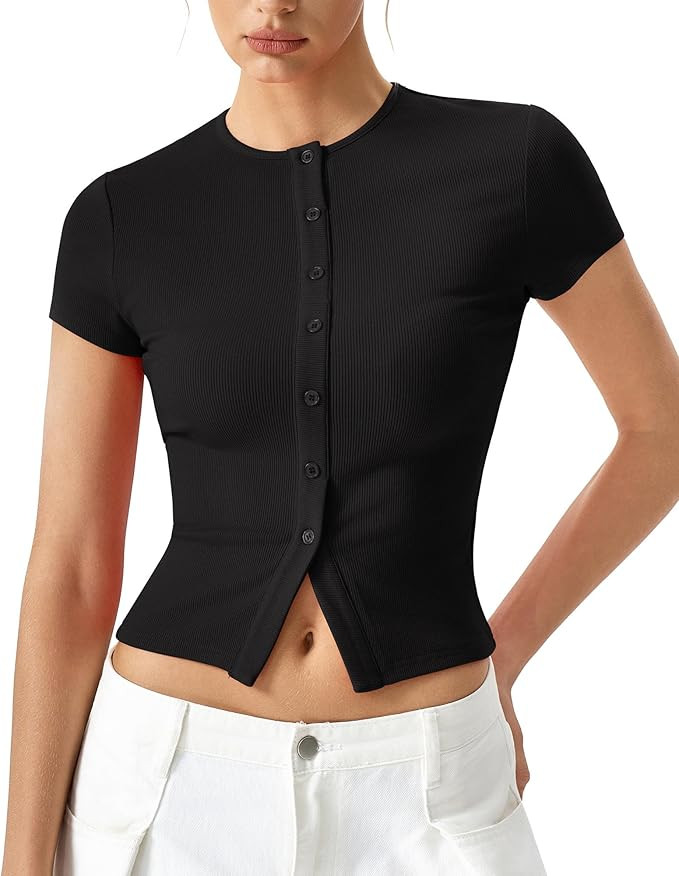 QINSEN Women's Crewneck Short Sleeve T Shirts Ribbed Button Going Out Trendy Tops | Amazon (US)