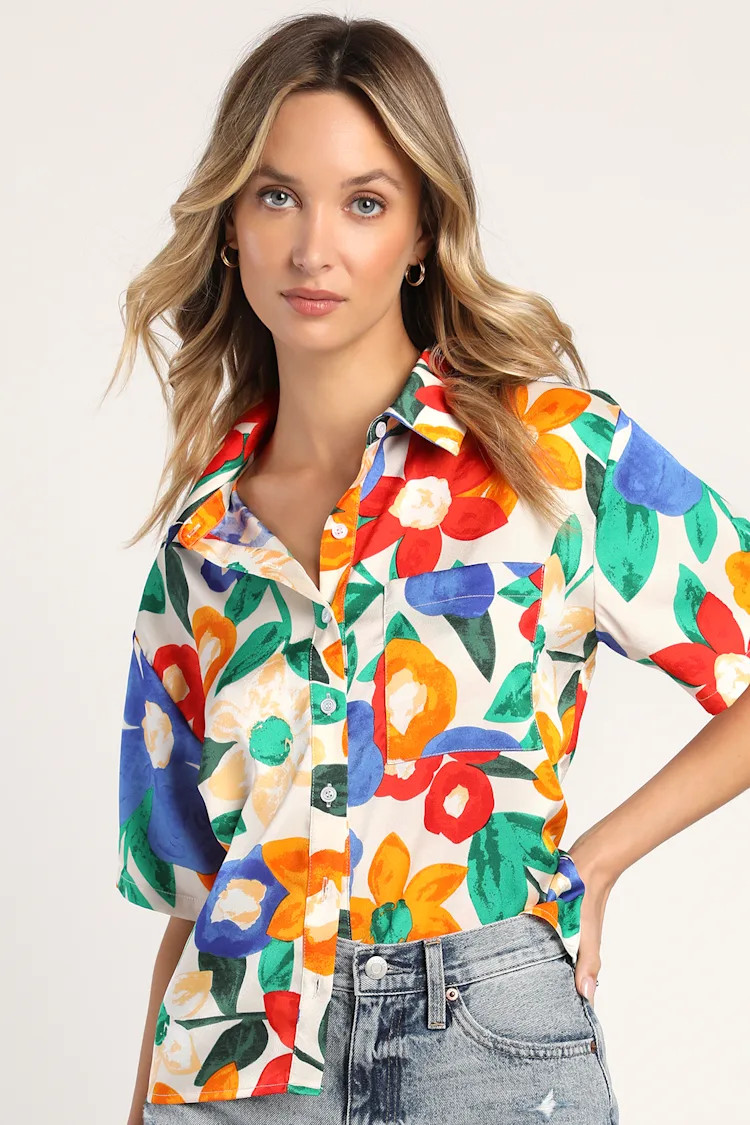 Always Impressing Cream Multi Floral Satin Button-Up Top | Lulus (US)
