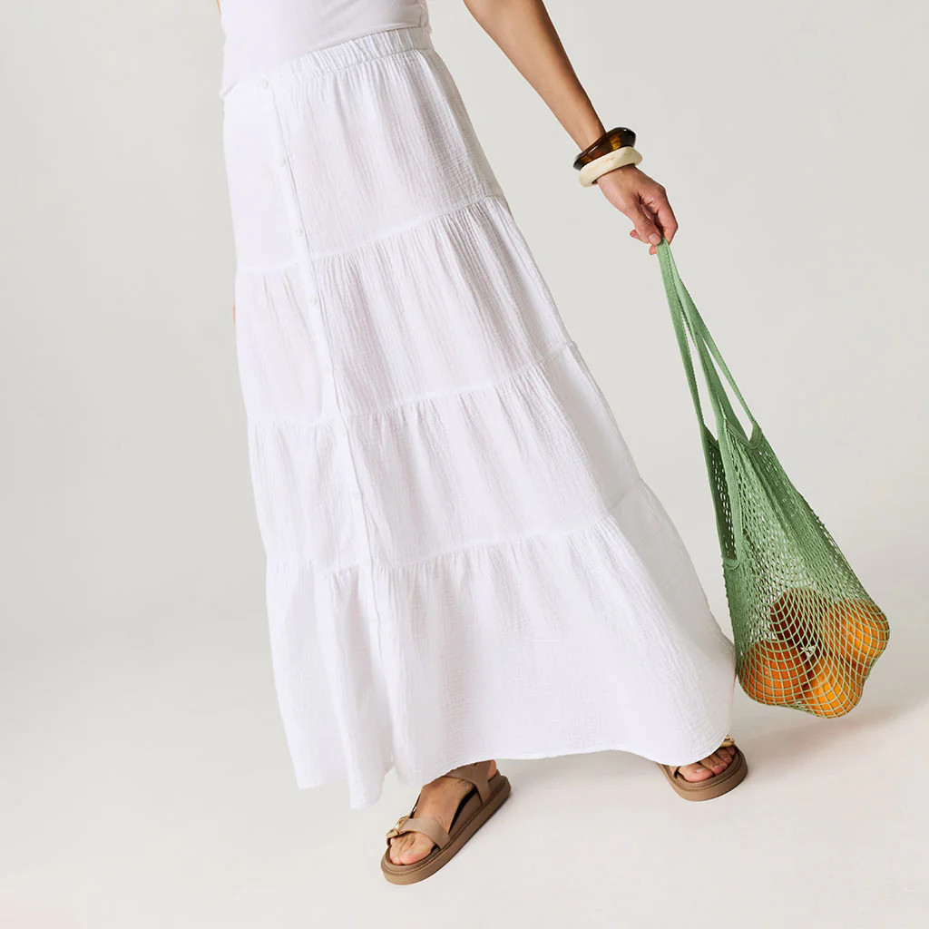 Solids White Comfy White Women's Cotton Crinkle Maxi Skirt | Posh Peanut® | Posh Peanut
