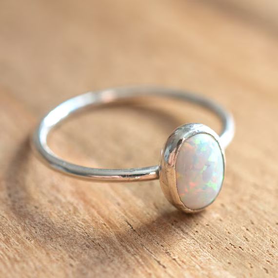 Sterling Silver White Opal Ring // Simulated Opal Stacking Ring // October Birthstone Ring // Opa... | Etsy (US)
