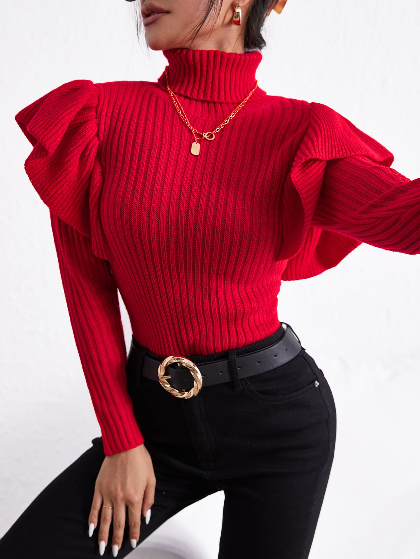 Turtle Neck Ruffle Trim Sweater | SHEIN