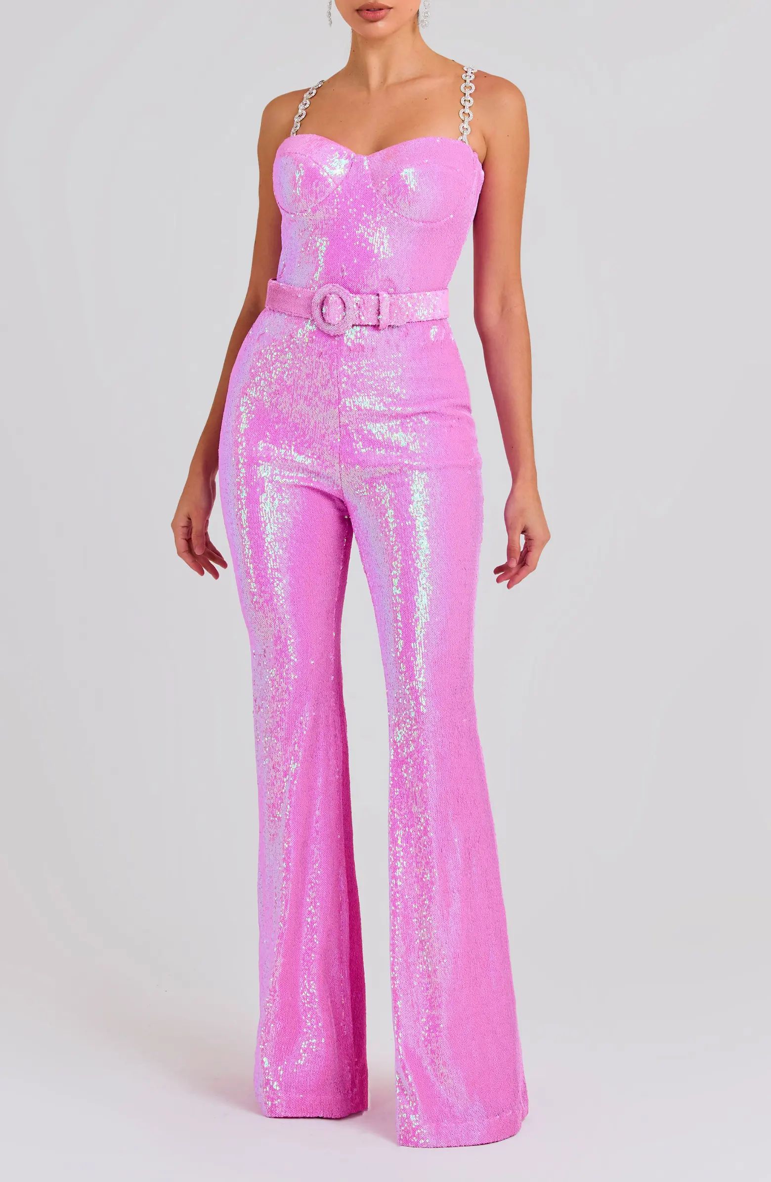 NADINE MERABI Tiffany Sequin Belted Wide Leg Jumpsuit | Nordstrom | Nordstrom