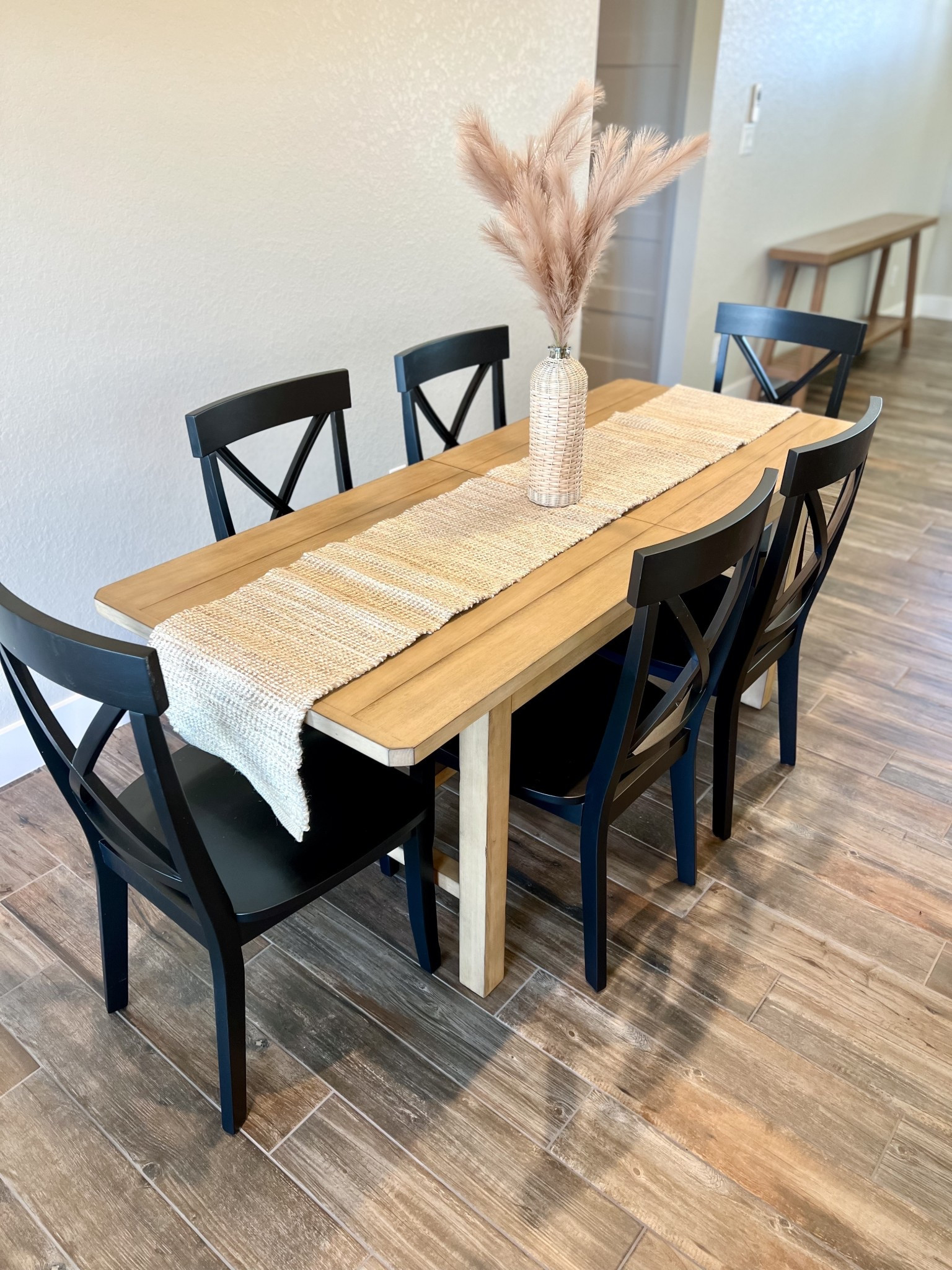 Modern organic / farmhouse home decor.  Dining room set up for new custom him. 
Dining table - Pottery barn
Chairs - Amazon 
Runner - Walmart 
Vase - local boutique but linking some similar options! 

#LTKHome