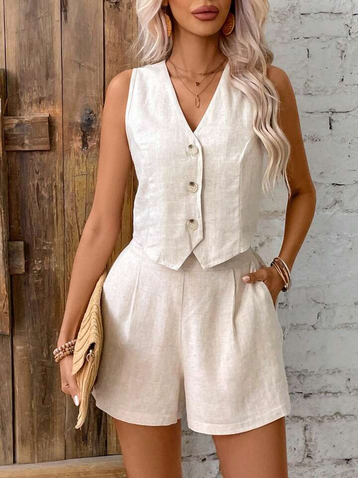 SHEIN x Marika Sila SHEIN Frenchy Women's Single Breasted Vest And Loose Shorts Summer Outfit Old... | SHEIN