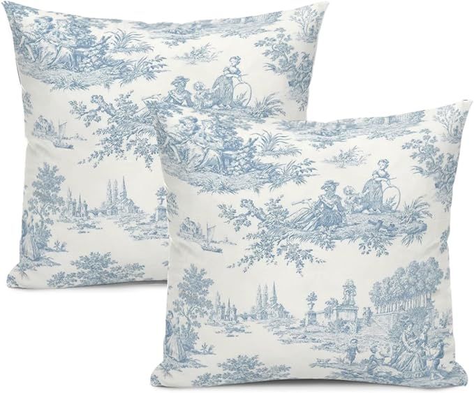 French Country Pillow Covers Blue Toile Pillows Cases Vintage Cottage Throw Pillow Cases 20x20 set of 2 for Farmhouse Sofa Couch Living Room Bedroom Christmas Decor | Amazon (US)