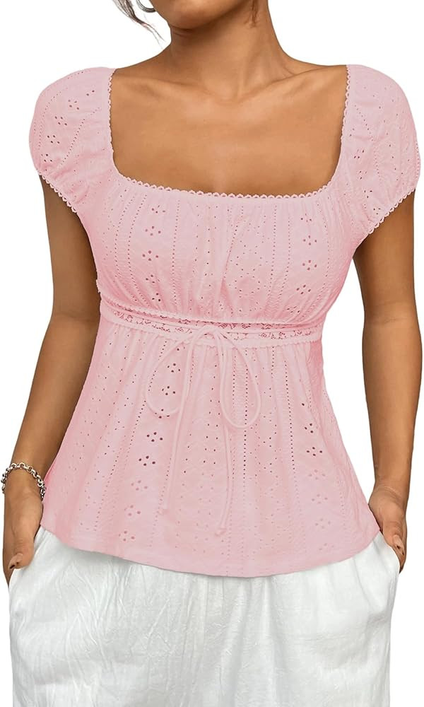SHENHE Women's Babydoll Top Y2K Empire Waist Short Sleeve Hollow Out Lace Going Out Top Summer Ts... | Amazon (US)