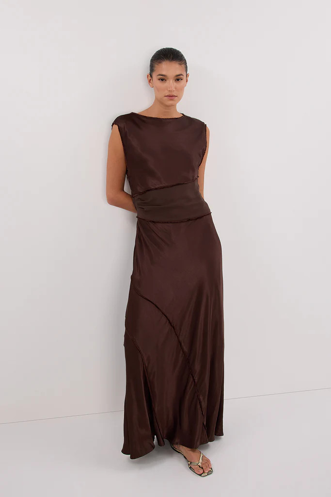 MONICA BITTER CHOCOLATE SATIN MIDI DRESS | DISSH