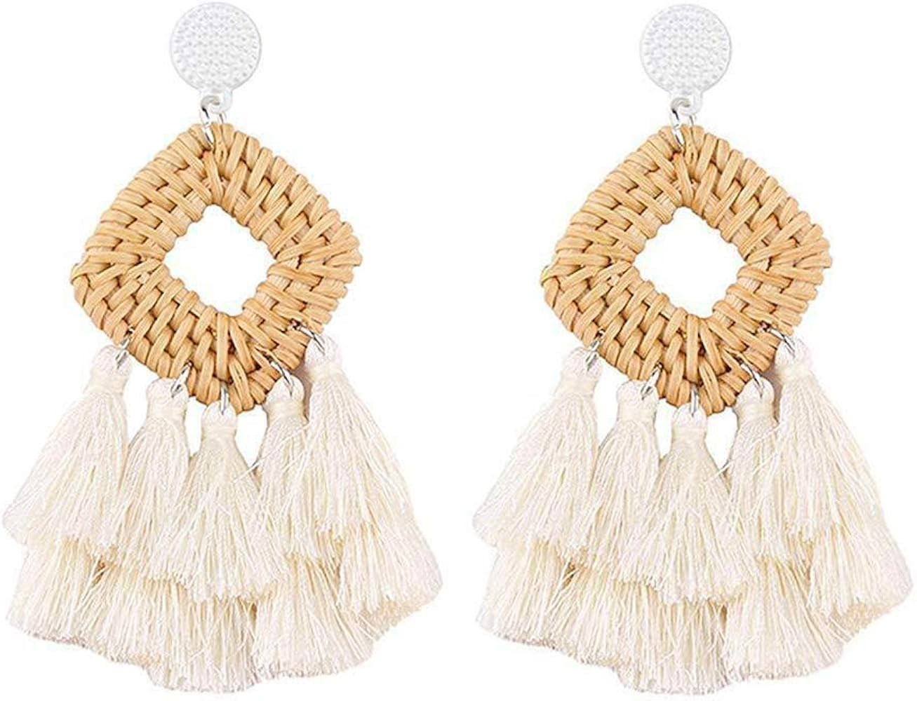 KOHOTA Bohemian Rattan Tassel Earrings for Women Lightweight Boho Jewelry Handmade Weaving Geometric | Amazon (US)