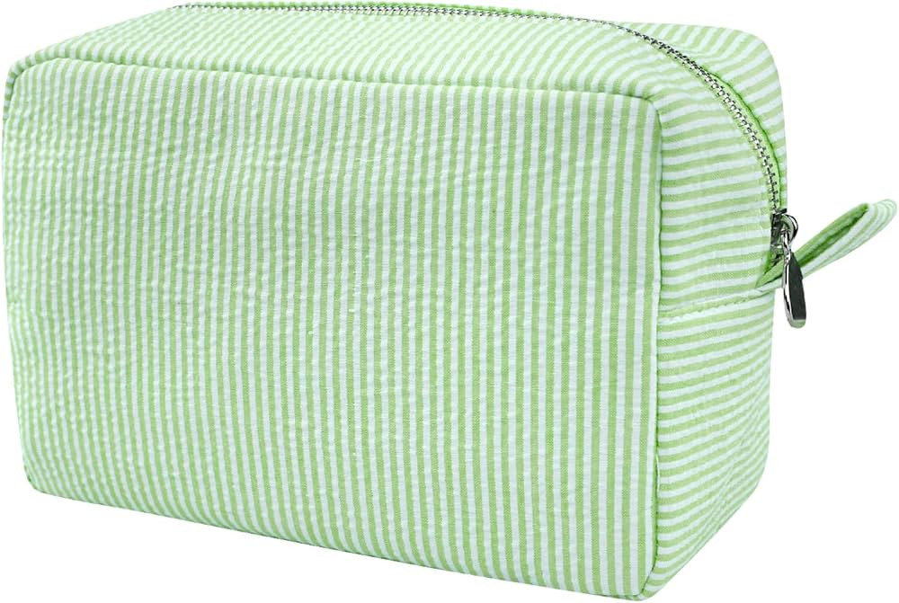 GFU Cosmetic Bags for Women, Seersucker Cosmetic Bag, Travel Toiletry Stripe Makeup Bag, Large Wo... | Amazon (US)