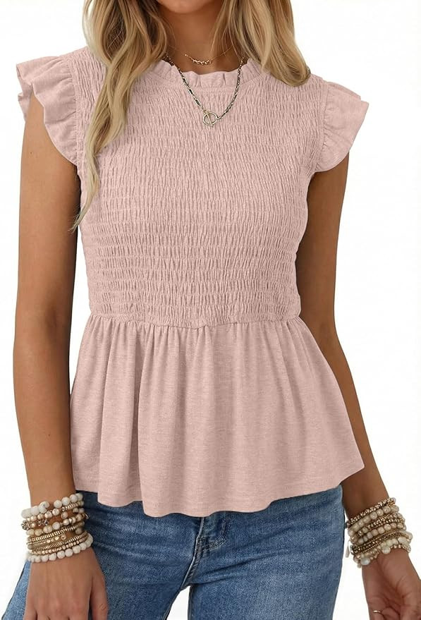 SHEWIN Womens Blouses Peplum Babydoll Summer Tops Ruffle Sleeve Dressy Casual Elegant Ladies Soli... | Amazon (US)